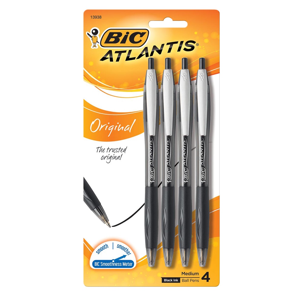 BIC, Atlantis, Retractable, Ballpoint Pen, 1mm, Black, 4 pack